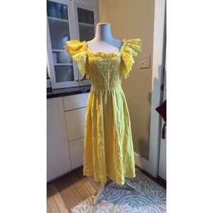 Banana Republic Women's Yellow Smocked Ruffle Midi Dress Pockets Sun‎ Fun Size S
